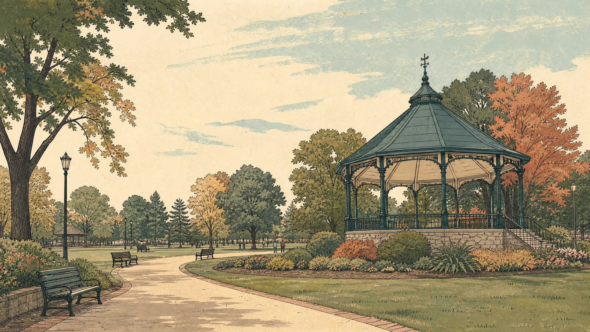 Original editorial illustration of Montebello Park