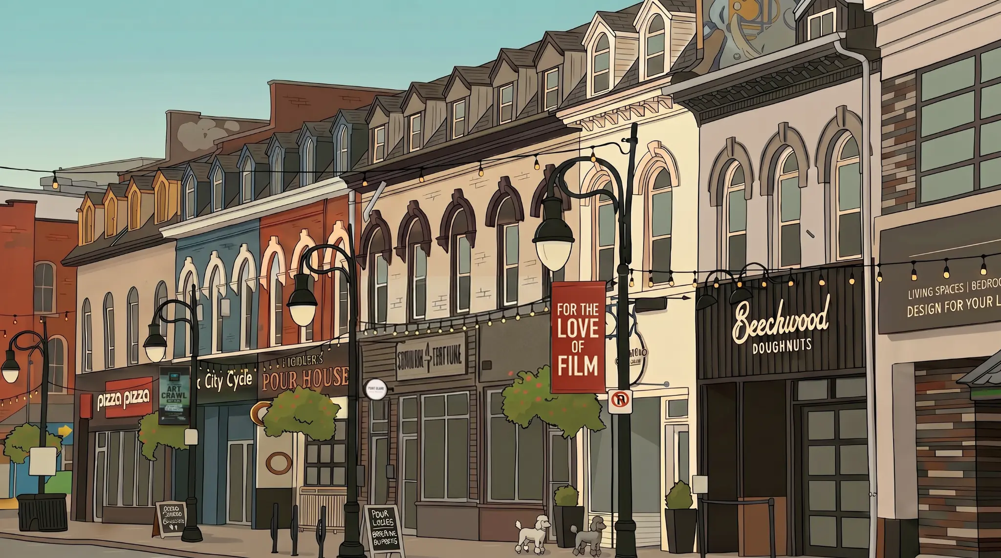 Hand-drawn illustration of St. Paul Street in downtown St. Catharines