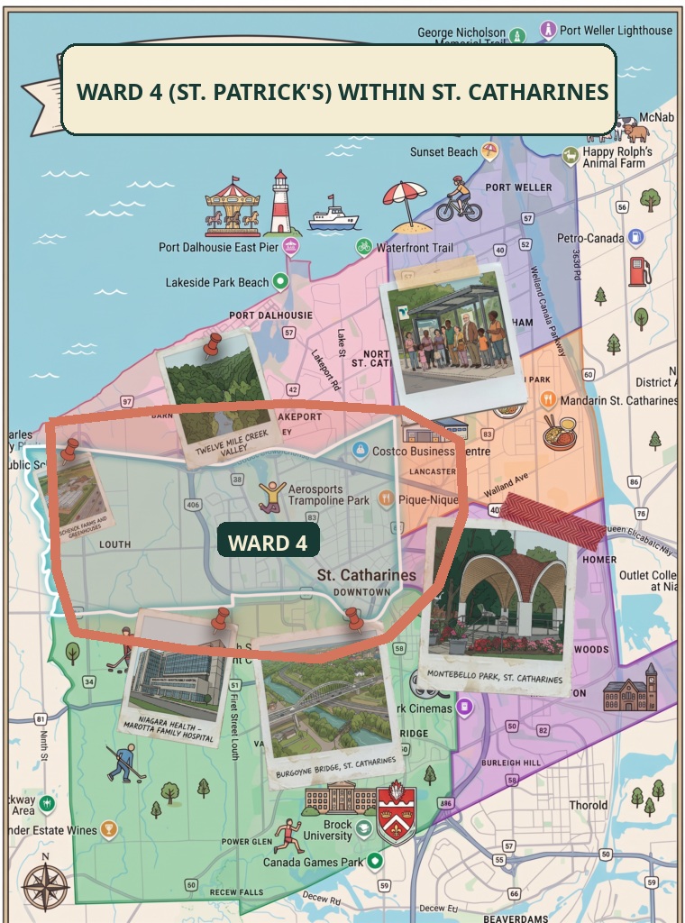 Illustrated map of St. Catharines with Ward 4 (St. Patrick's) highlighted within the city